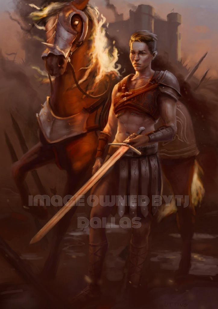 Digital art of a butch ginger woman in leather battle gear, though showing her strong abs. She holds a longsword and is standing next to a large brown/red horse with a mane of fire. She stands in a battlefield before a castle. 