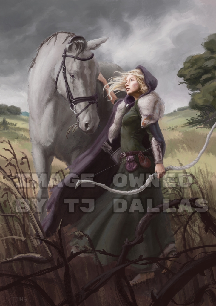 Digital art of a slender albino woman wearing a long green gown and a fox fur cloak. She is holding a longbow and has a quiver of arrows at her waist. She is stroking a large white horse while standing in a field. The crops around her are withered and dying.